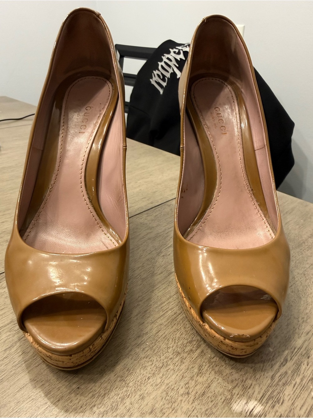 Gucci Tan Patent Leather Peep-Toe Platform Heels